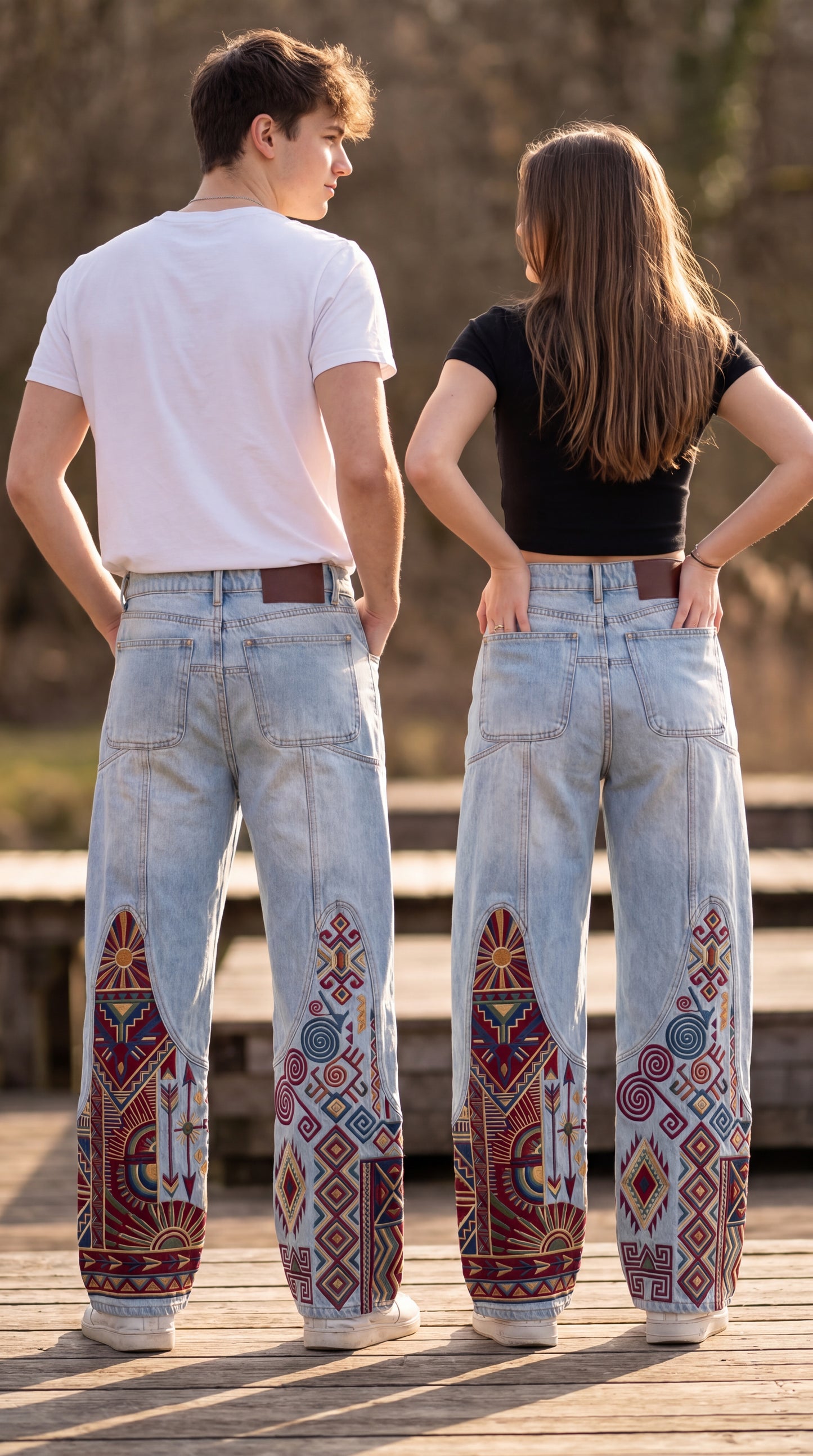 Premium Unisex Boho Tribal Embroidered Wide Leg Jeans | Vintage Aztec Patchwork Denim Pants