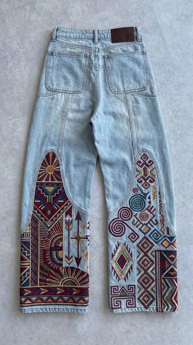 Premium Unisex Boho Tribal Embroidered Wide Leg Jeans | Vintage Aztec Patchwork Denim Pants
