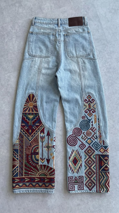 Premium Unisex Boho Tribal Embroidered Wide Leg Jeans | Vintage Aztec Patchwork Denim Pants