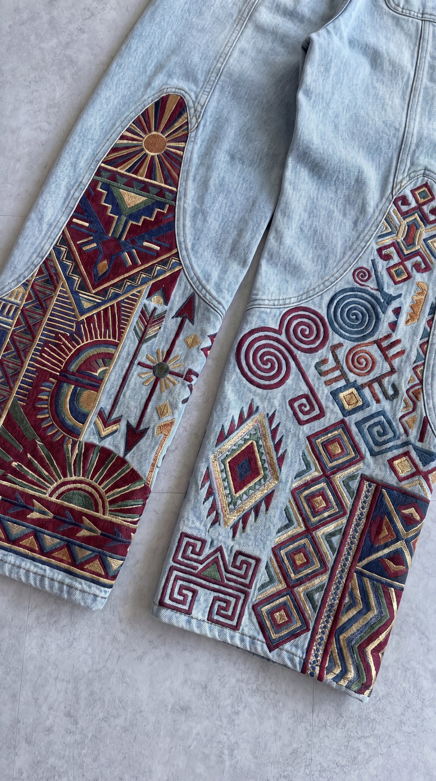 Premium Unisex Boho Tribal Embroidered Wide Leg Jeans | Vintage Aztec Patchwork Denim Pants
