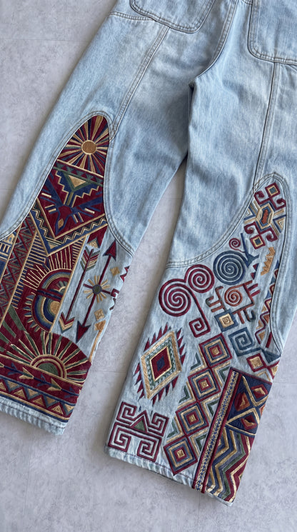 Premium Unisex Boho Tribal Embroidered Wide Leg Jeans | Vintage Aztec Patchwork Denim Pants