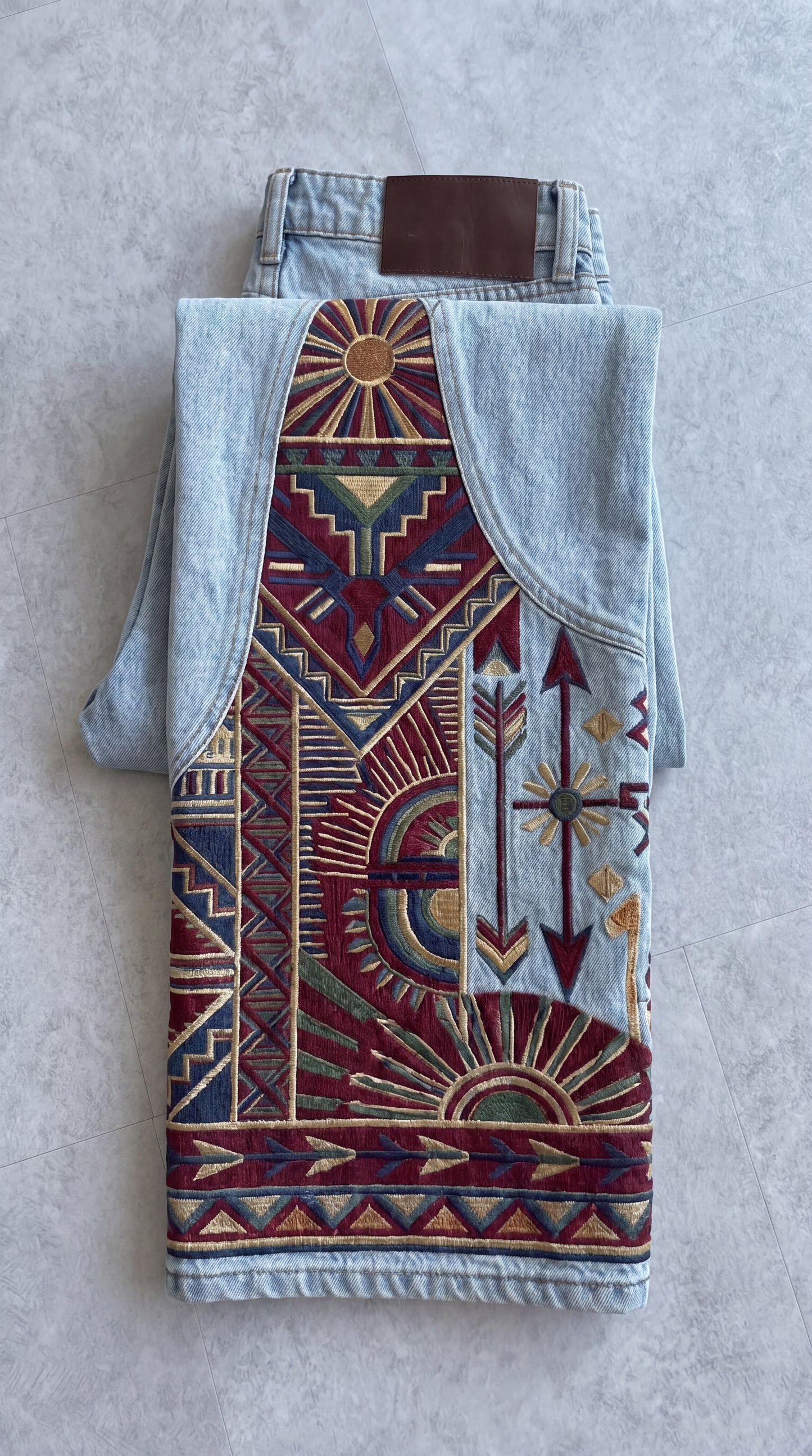 Premium Unisex Boho Tribal Embroidered Wide Leg Jeans | Vintage Aztec Patchwork Denim Pants