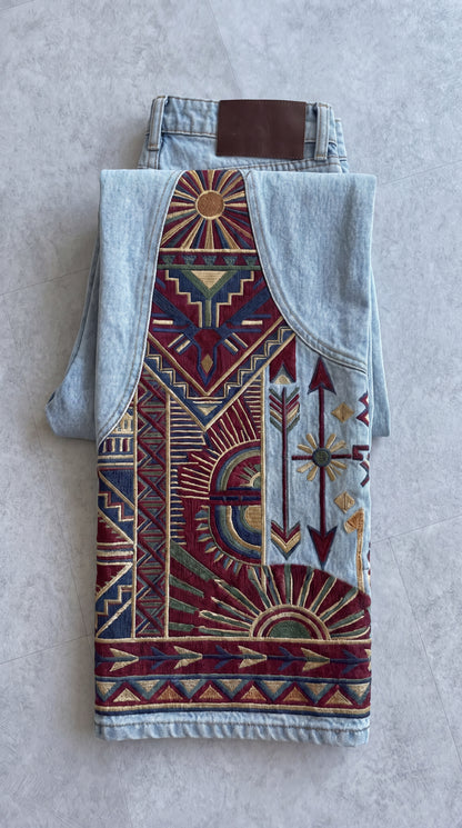 Premium Unisex Boho Tribal Embroidered Wide Leg Jeans | Vintage Aztec Patchwork Denim Pants