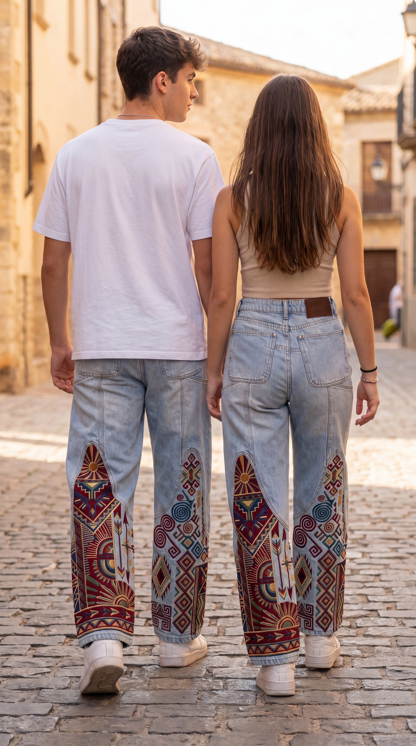 Premium Unisex Boho Tribal Embroidered Wide Leg Jeans | Vintage Aztec Patchwork Denim Pants