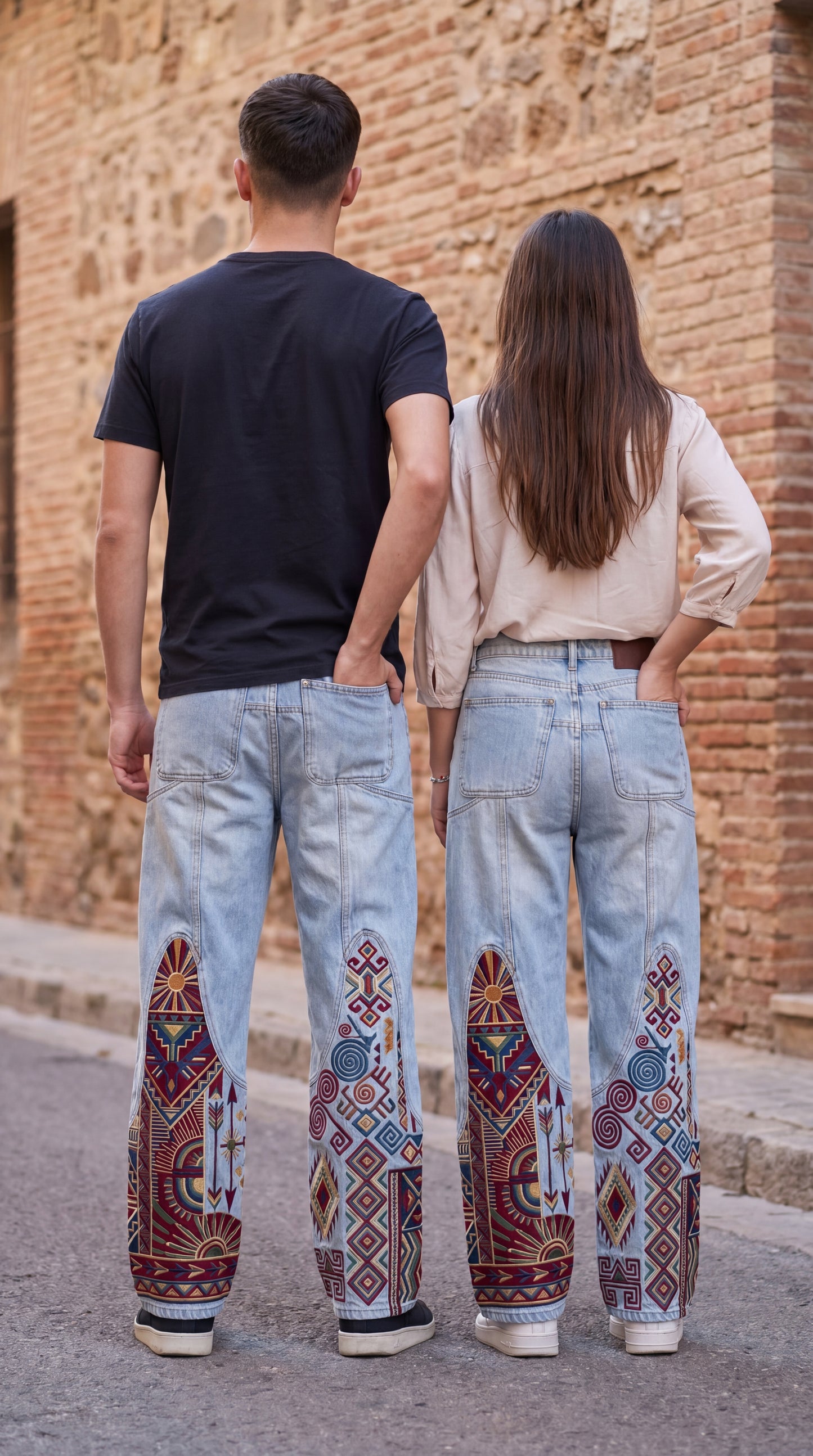 Premium Unisex Boho Tribal Embroidered Wide Leg Jeans | Vintage Aztec Patchwork Denim Pants