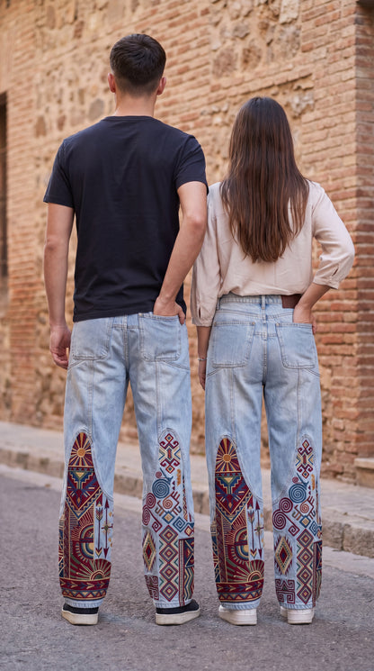 Premium Unisex Boho Tribal Embroidered Wide Leg Jeans | Vintage Aztec Patchwork Denim Pants