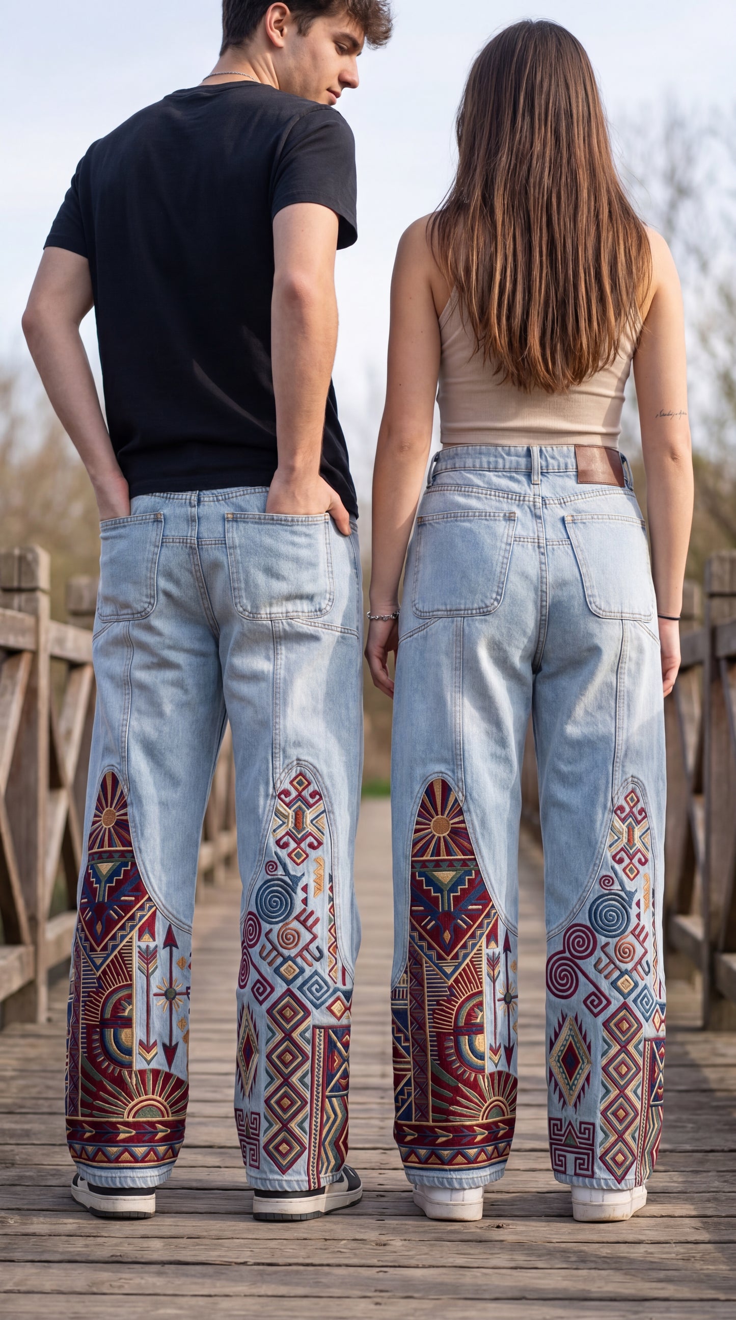 Premium Unisex Boho Tribal Embroidered Wide Leg Jeans | Vintage Aztec Patchwork Denim Pants