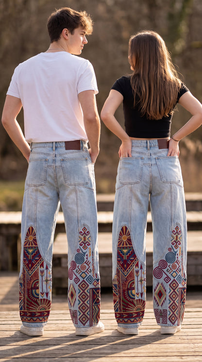 Premium Unisex Boho Tribal Embroidered Wide Leg Jeans | Vintage Aztec Patchwork Denim Pants