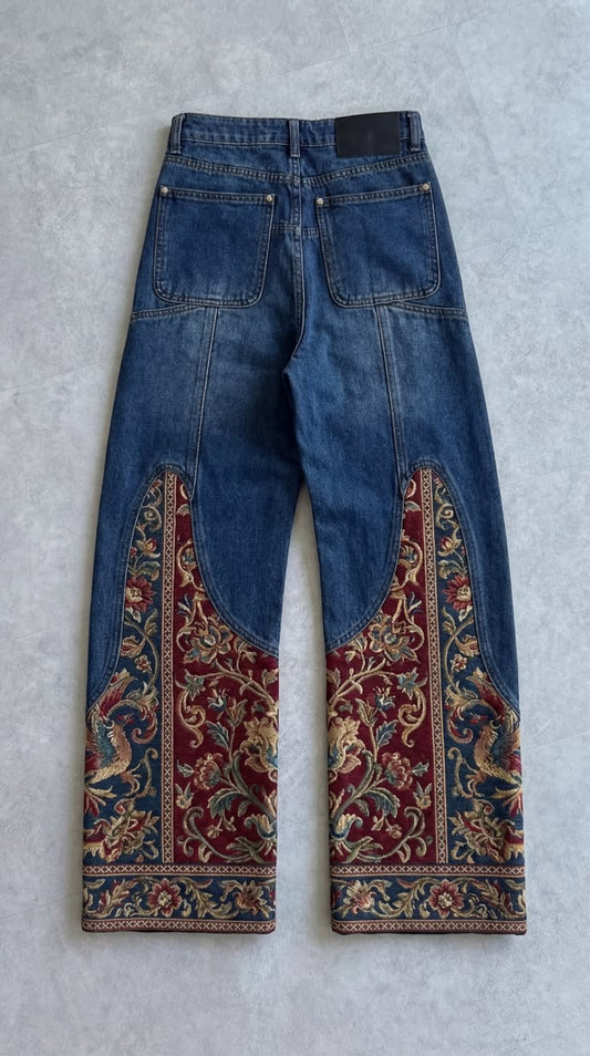 Vintage Floral Patchwork Wide Leg Denim Jeans for Men & Women | Premium Unisex Fashion Jeans